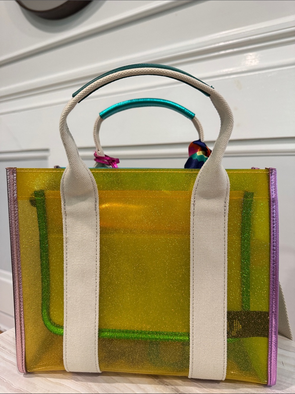 Kurt Geiger Bag Mini Southbank Vinyl Glitter Rainbow Translucent Tote Satchel - Picture 9 of 17